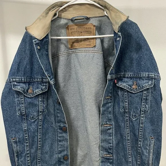 Vintage Levi's denim jacket with leather collar men's size L - Picture 2 of 14